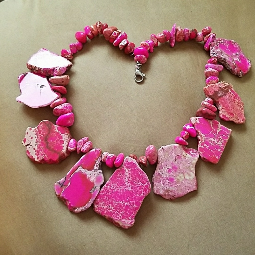 Bold, pink colored jasper necklace.